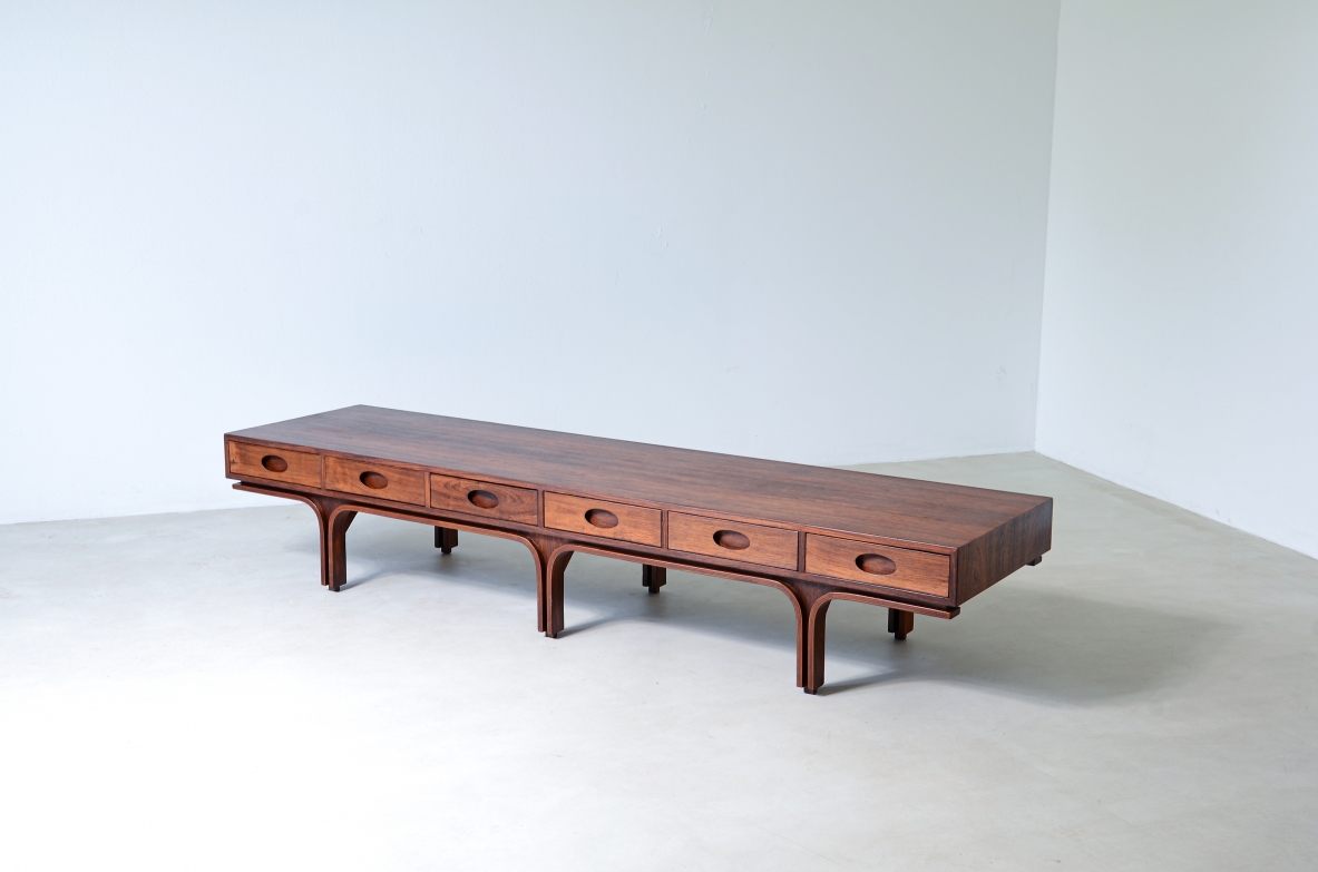 Gianfranco Frattini (1926-2004)  Rare low center table with 6 drawers and three uprights.  Bernini manufacture 1957.