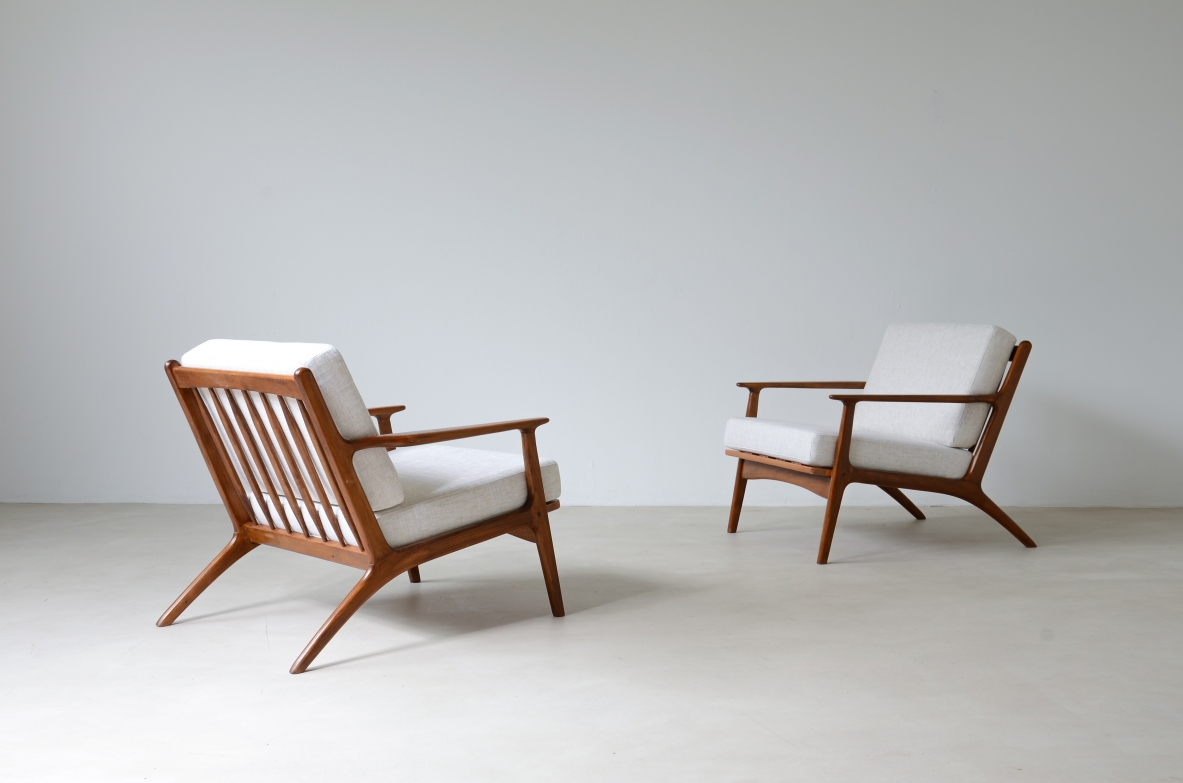 Pair of teak armchairs mod. 598 with upholstered fabric seat and back.  This armchair is part of a first production which was interrupted shortly afterwards and was therefore produced in very small numbers.  Scandinavian manufacture, early 60s.