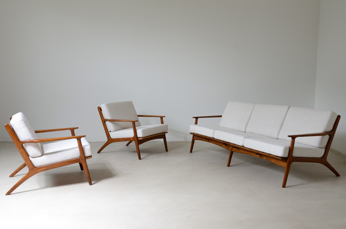 Pair of teak armchairs mod. 598 with upholstered fabric seat and back.  This armchair is part of a first production which was interrupted shortly afterwards and was therefore produced in very small numbers.  Scandinavian manufacture, early 60s.