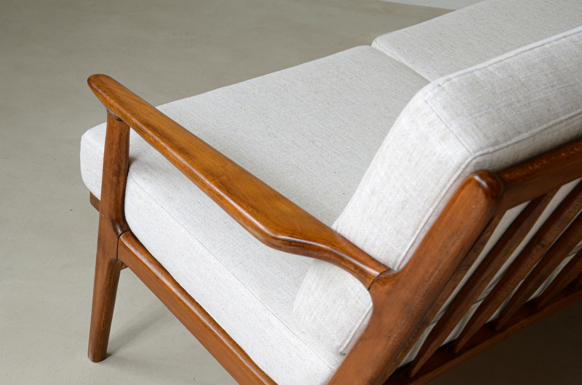 Pair of teak armchairs mod. 598 with upholstered fabric seat and back.  This armchair is part of a first production which was interrupted shortly afterwards and was therefore produced in very small numbers.  Scandinavian manufacture, early 60s.