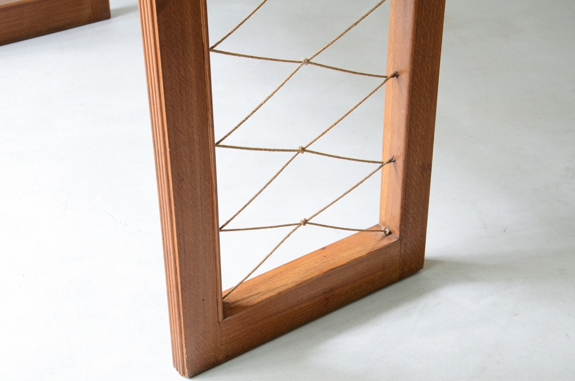 Console table in maple wood with threads on the top, two drawers on the front and uprights with geometric weaving in rope.  Italian manufacture, around 1930.
