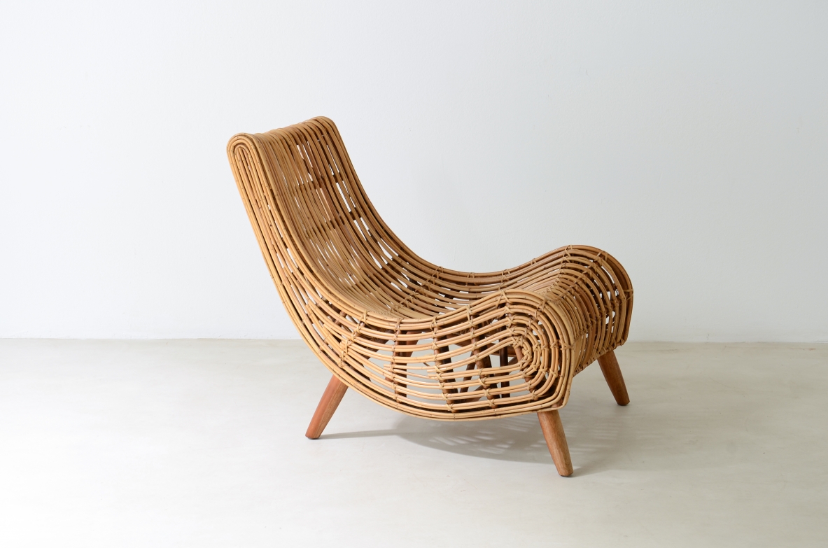 Piero Palange e Werther Toffoloni   Splendida coppia di poltrone in giunco con struttura in legno.  Produzione Gervasoni, Italia, anni 1960ca