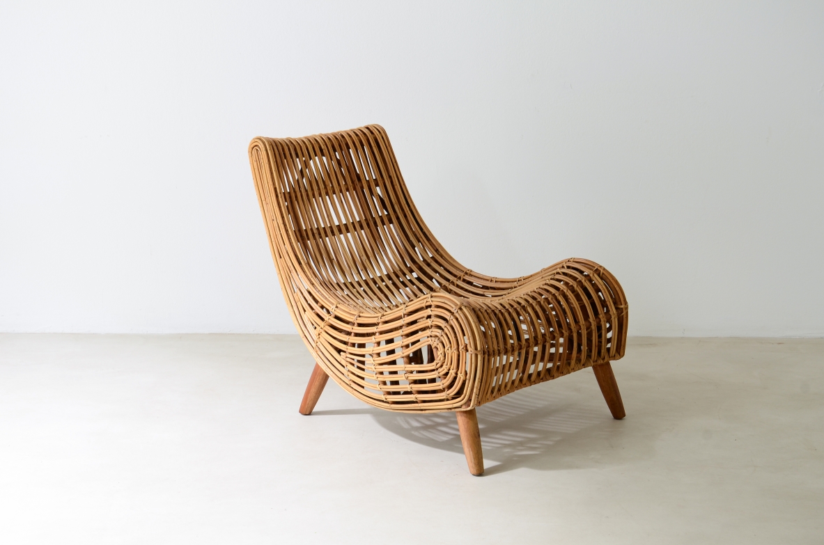 Piero Palange e Werther Toffoloni   Splendida coppia di poltrone in giunco con struttura in legno.  Produzione Gervasoni, Italia, anni 1960ca