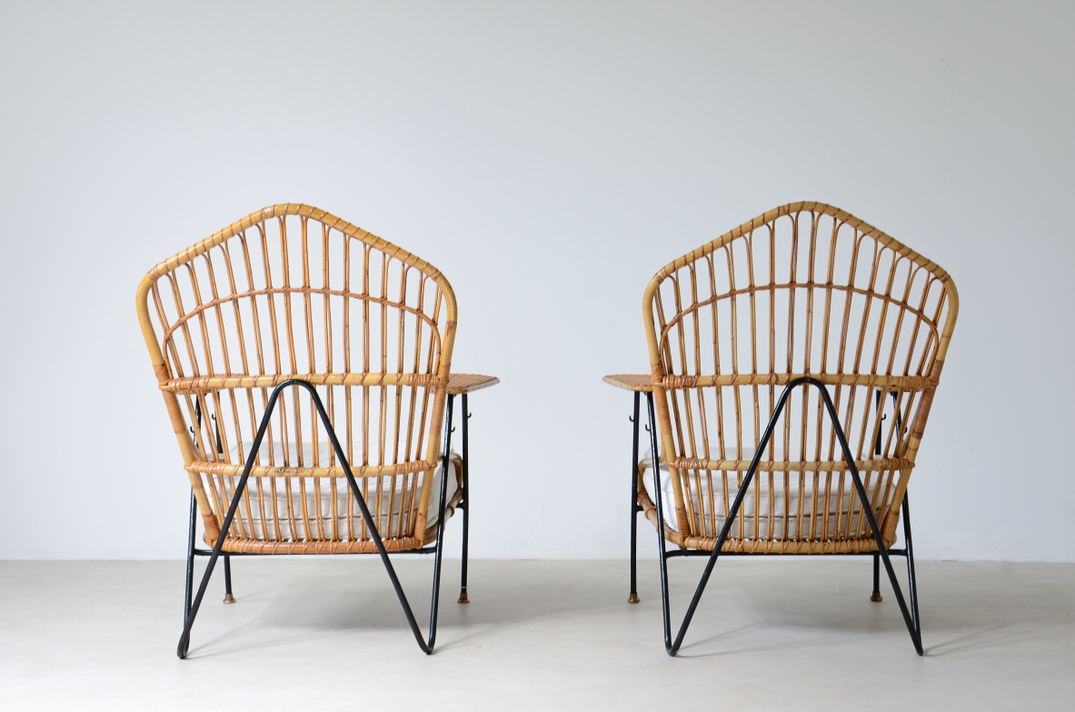 Vito Latis (1912-1996)  Unique pair of armchairs in curved metal, seat and back in rattan and armrests in woven Indian cane  with brass tips.  Italian 1950's manufacture.