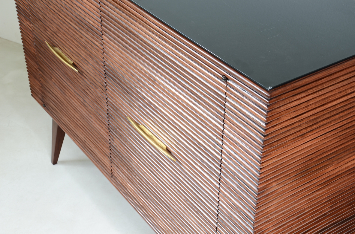 Paolo Buffa  Two rare elegant cabinets with front and sides in grinded wood opaline glass top and long feet with shaped brass handles.