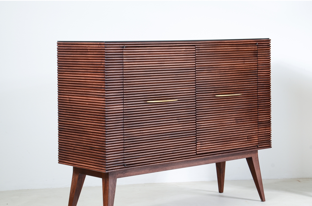 Paolo Buffa  Two rare elegant cabinets with front and sides in grinded wood opaline glass top and long feet with shaped brass handles.
