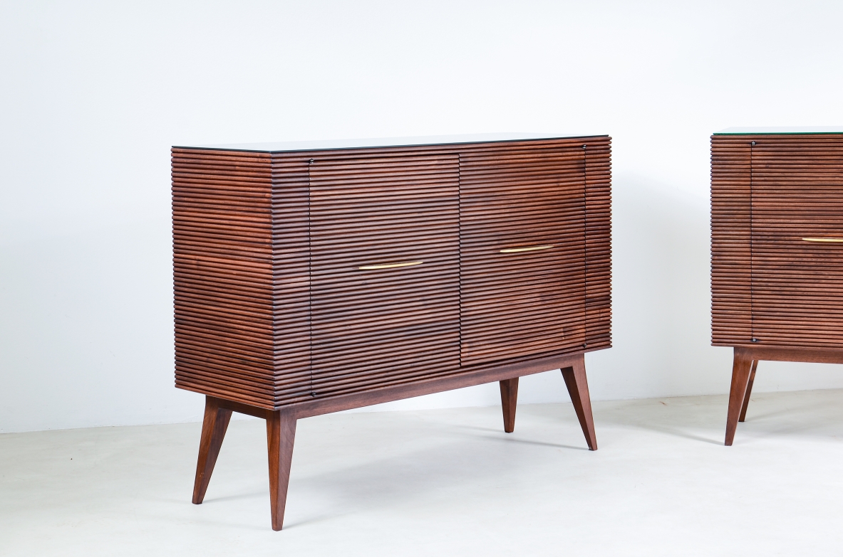 Paolo Buffa  Two rare elegant cabinets with front and sides in grinded wood opaline glass top and long feet with shaped brass handles.  1950's manufacture.
