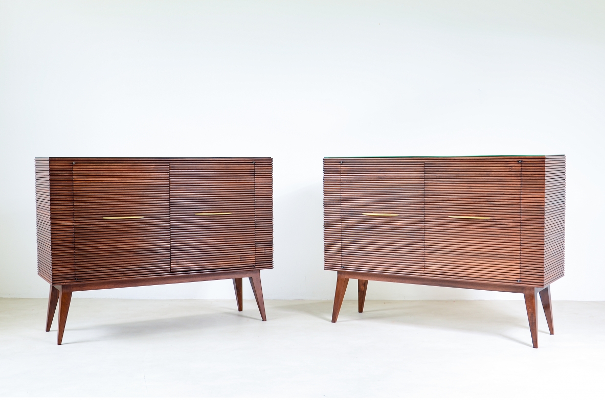 Paolo Buffa  Two rare elegant cabinets with front and sides in grinded wood opaline glass top and long feet with shaped brass handles.  1950's manufacture.