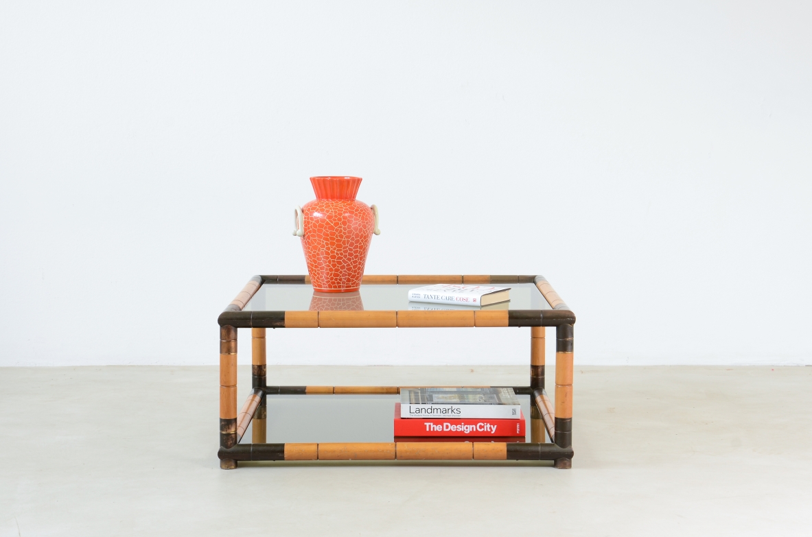 Living room table in imitation bamboo wood with turned and burnished brass corners. Two shades in ground smoked glass.  Italian 1970s manufacture.