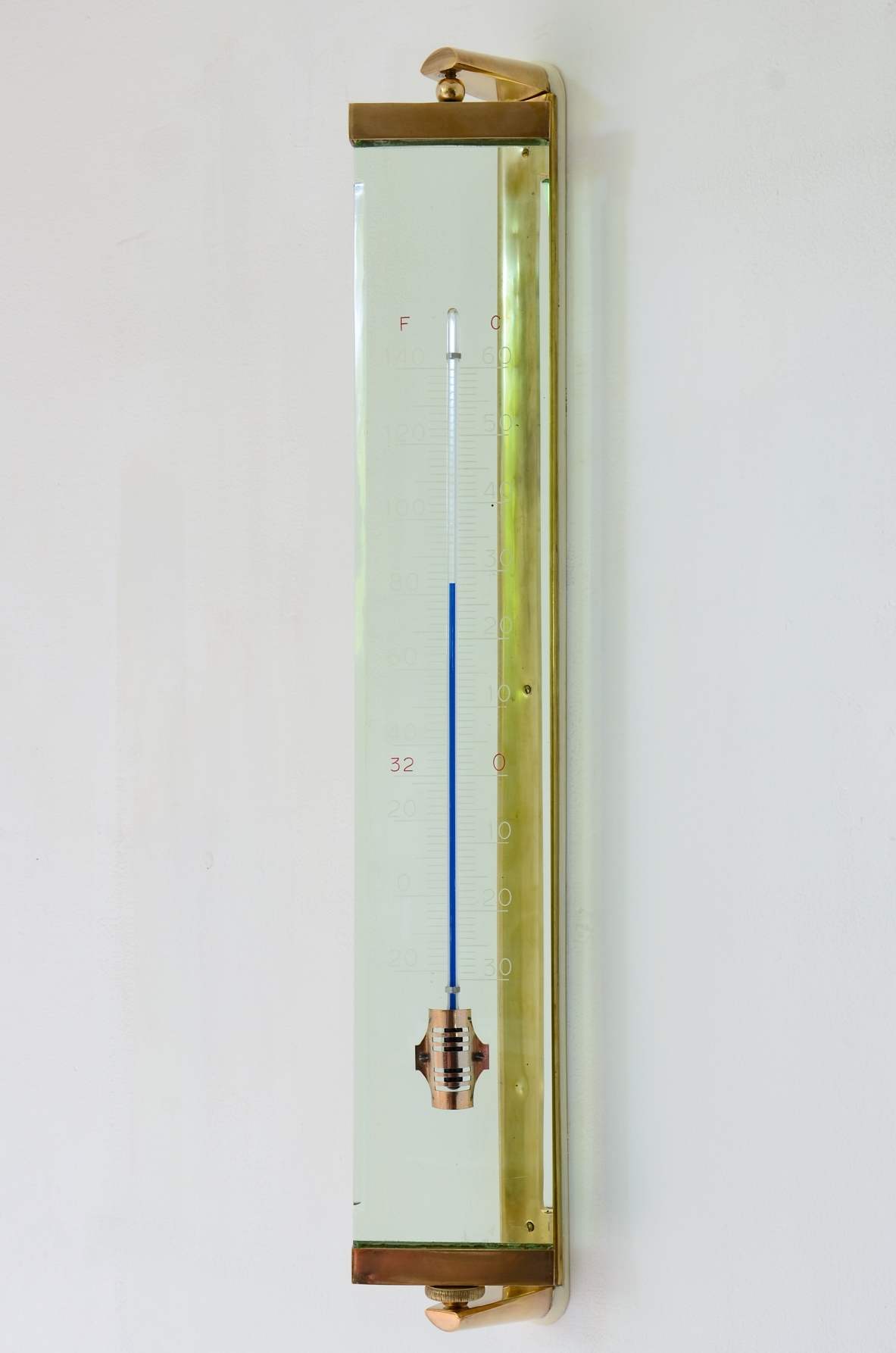 Fontana Arte Milano  Large Nile green ground glass thermometer with brass structure.  Manufactured in the 40s/50s.
