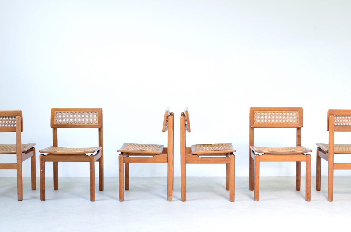 Set of 6 chairs in light wood with Vienna straw seat and back.  Italian manufacture around 1960.