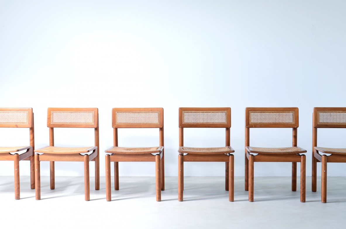 Set of 6 chairs in light wood with Vienna straw seat and back.  Italian manufacture around 1960.