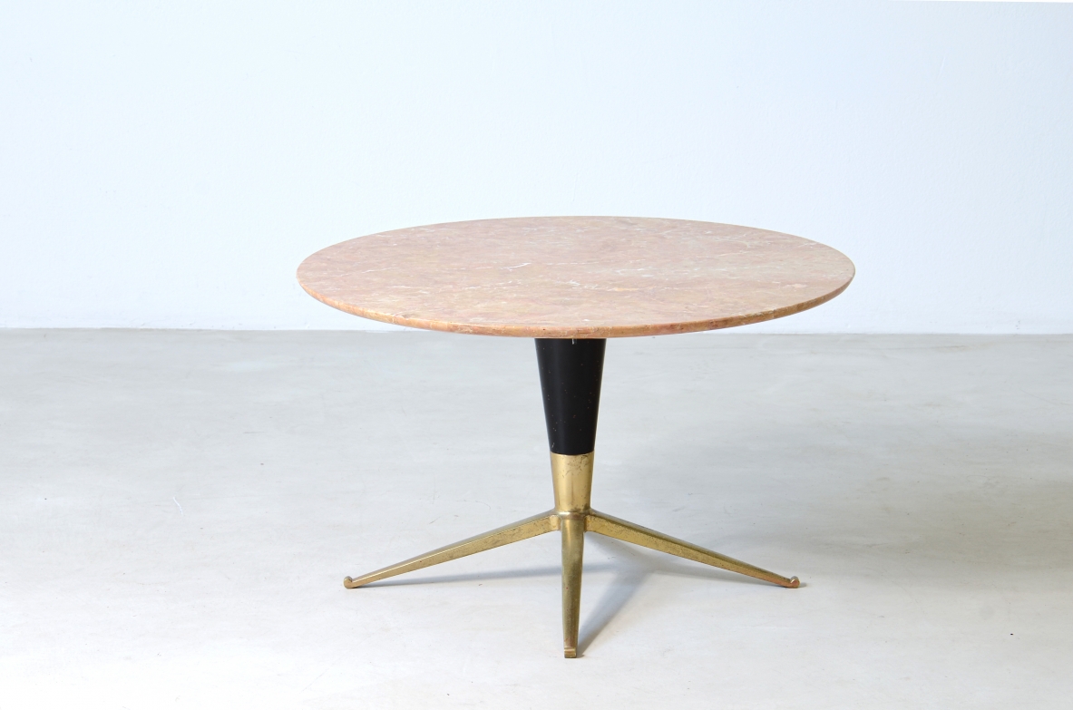 Melchiorre Bega (1898-1976)  Coffee table with four-star brass base, turned wood frame and marble top.  Manufacture Bega & C. Bologna, Italy 1950s.