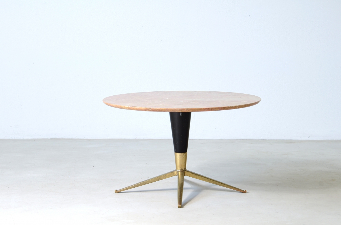 Melchiorre Bega (1898-1976)  Coffee table with four-star brass base, turned wood frame and marble top.  Manufacture Bega & C. Bologna, Italy 1950s.