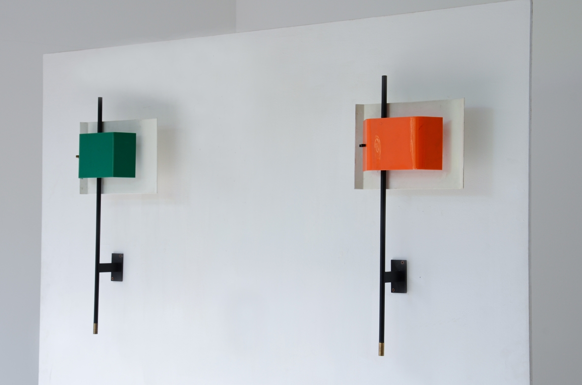 Stilnovo  Rare pair of large wall lights in metal and brass with colored perplex fans.  Stilnovo Manufacture Milan 1955 ca.