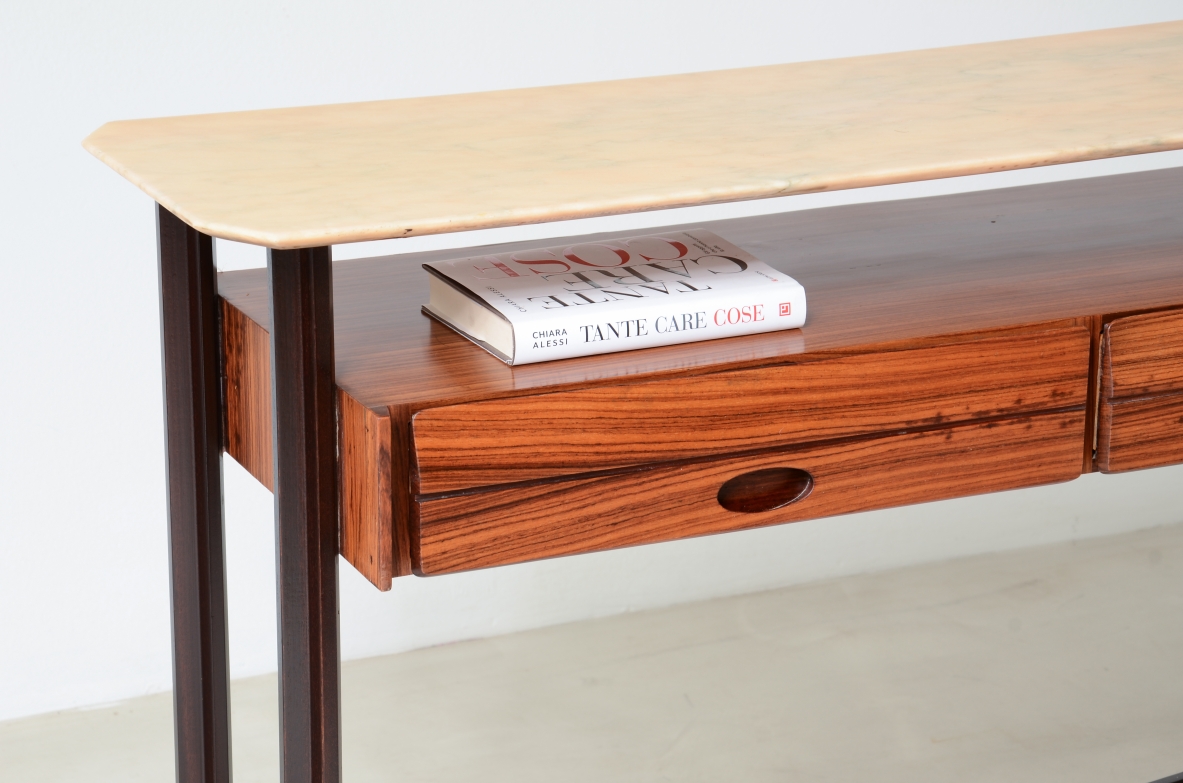 Elegant teak console with marble top and two drawers.  Italian manufacture, around 1960's.