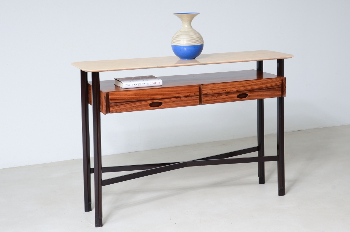 Elegant teak console with marble top and two drawers.  Italian manufacture, around 1960's.