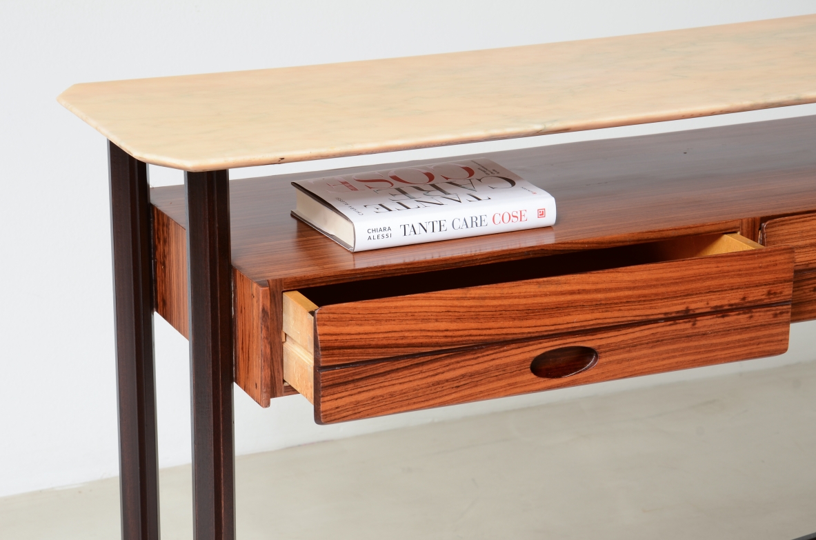 Elegant teak console with marble top and two drawers.  Italian manufacture, around 1960's.