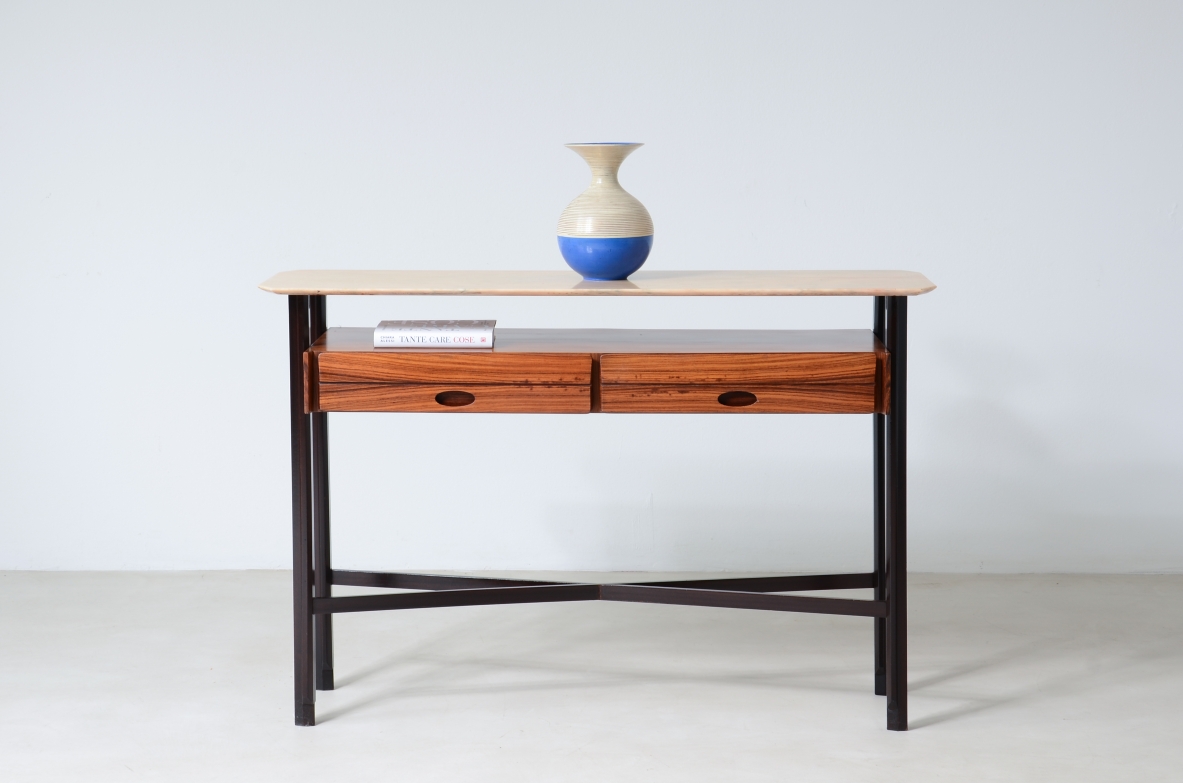 Elegant teak console with marble top and two drawers.  Italian manufacture, around 1960's.