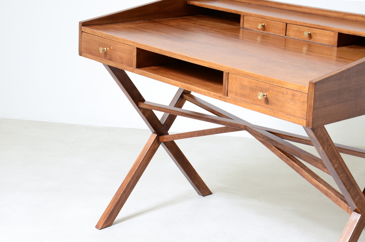 Center desk in walnut with beautiful cross on the base and little houses on the top.  Italian manufacture, 1960's