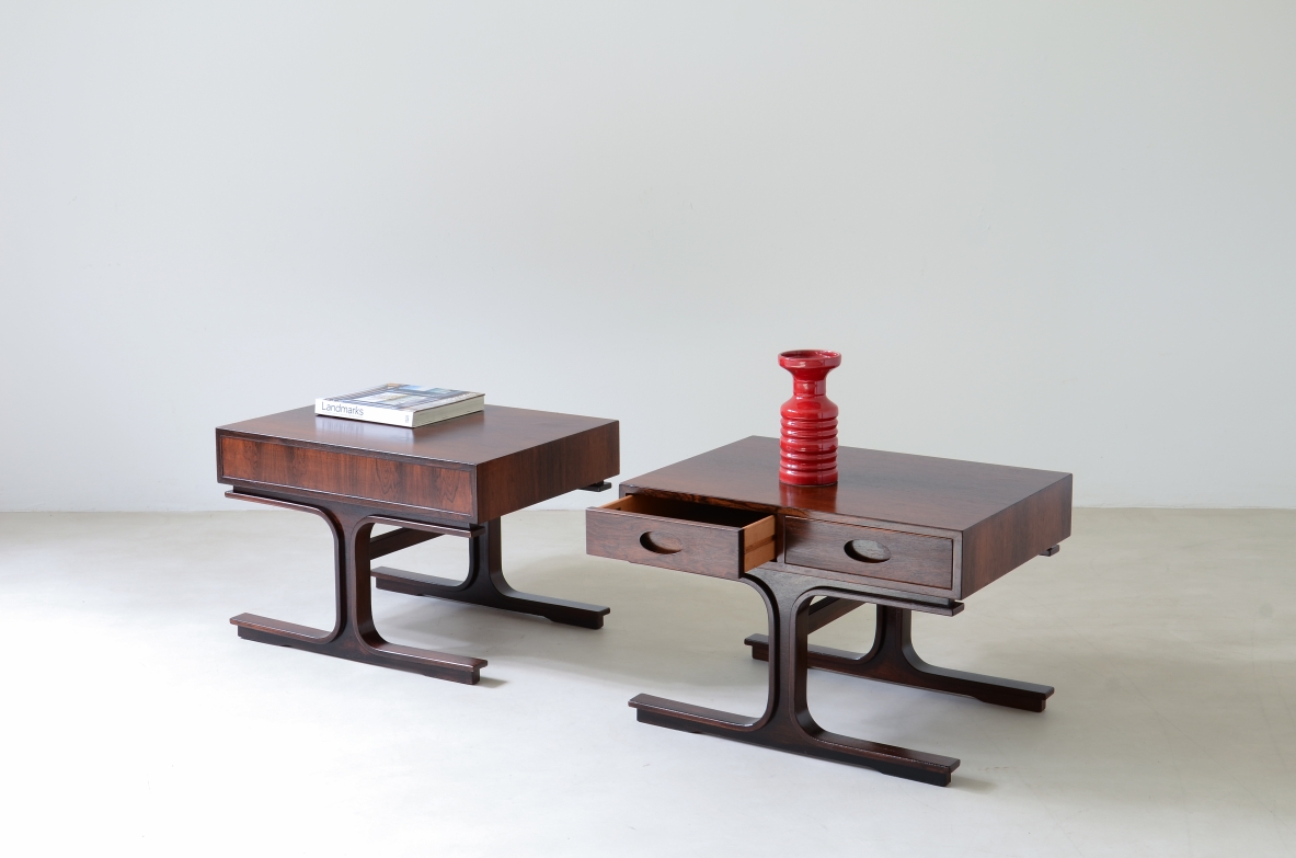 Gianfranco Frattini (1926-2004) Pair of coffee tables with 2 drawers and two uprights.  Bernini manufacture, Italy 1957.
