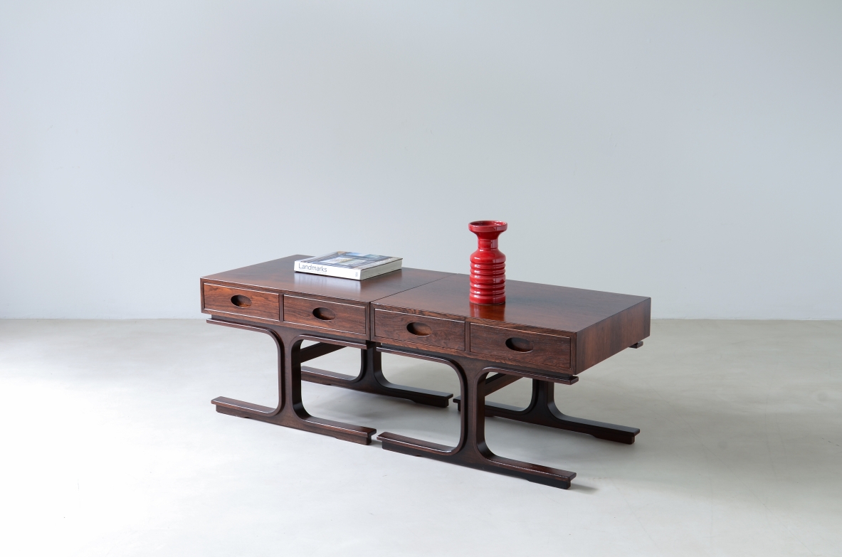 Gianfranco Frattini (1926-2004) Pair of coffee tables with 2 drawers and two uprights.  Bernini manufacture, Italy 1957.
