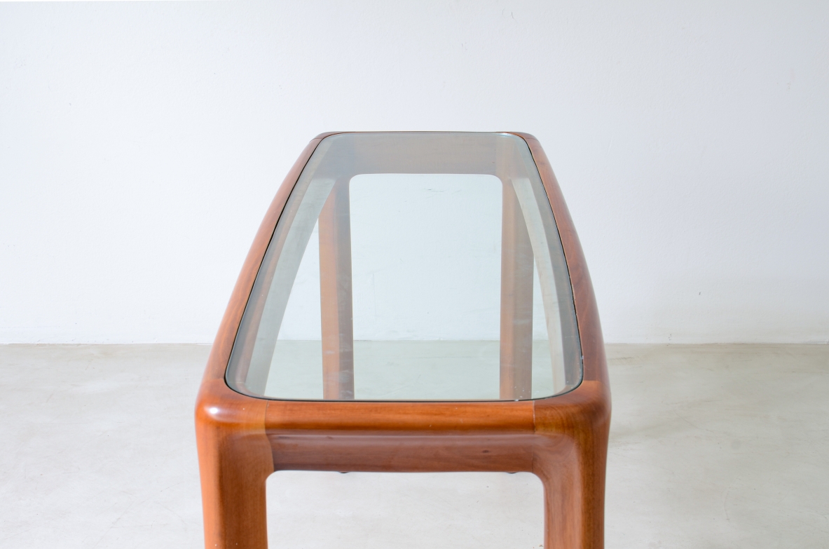 Angelo Mangiarotti Console table with wooden structure and thick cut glass top Italy, 1975