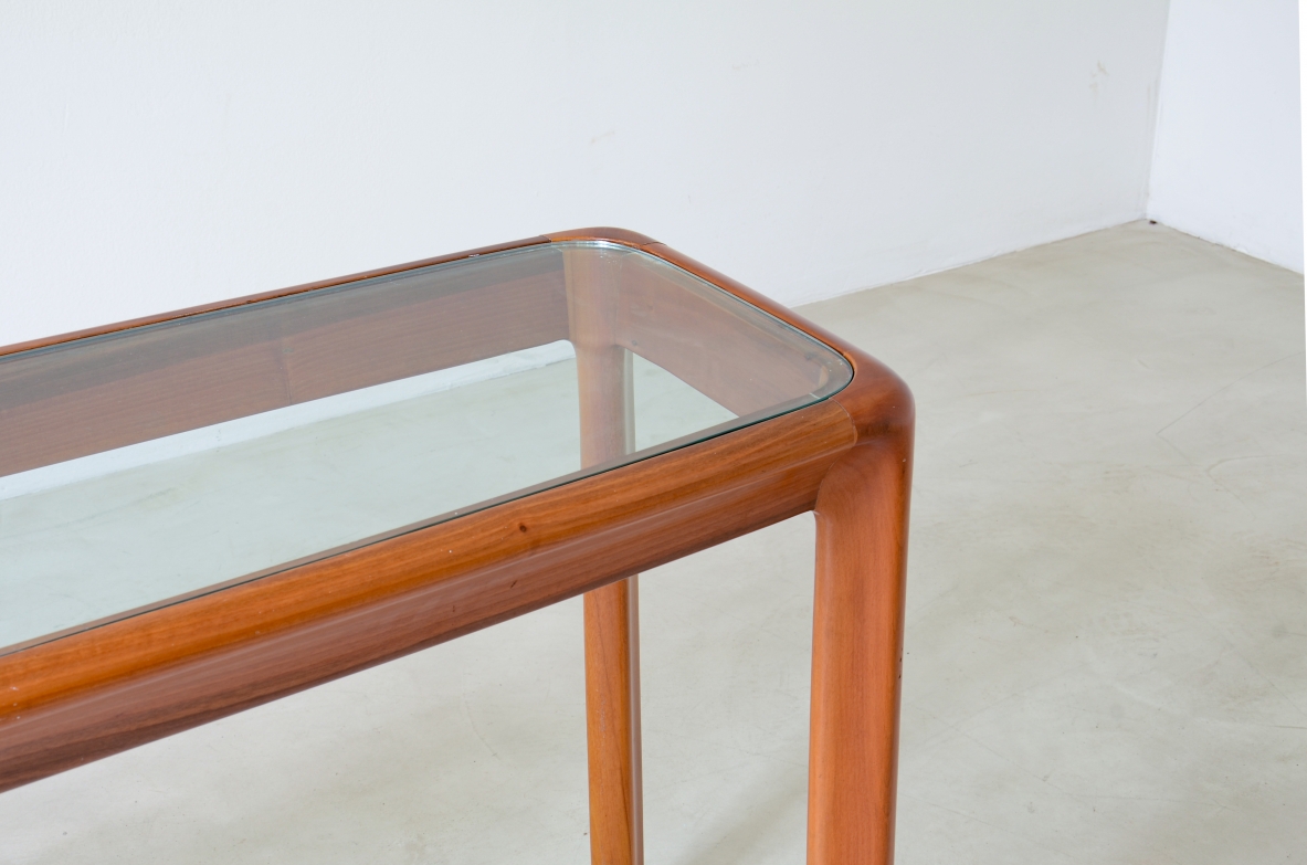 Angelo Mangiarotti Console table with wooden structure and thick cut glass top Italy, 1975