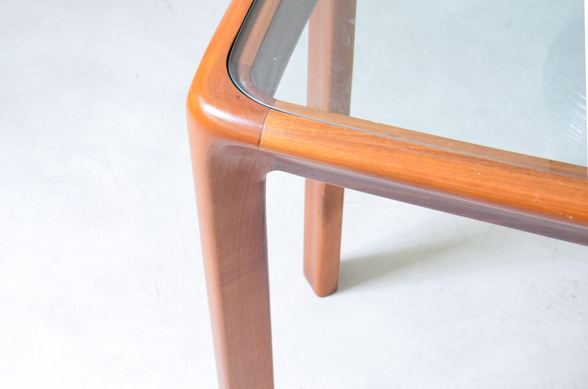 Angelo Mangiarotti Console table with wooden structure and thick cut glass top Italy, 1975