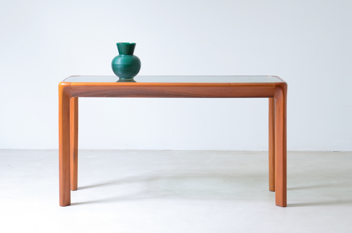 Angelo Mangiarotti Console table with wooden structure and thick cut glass top Italy, 1975