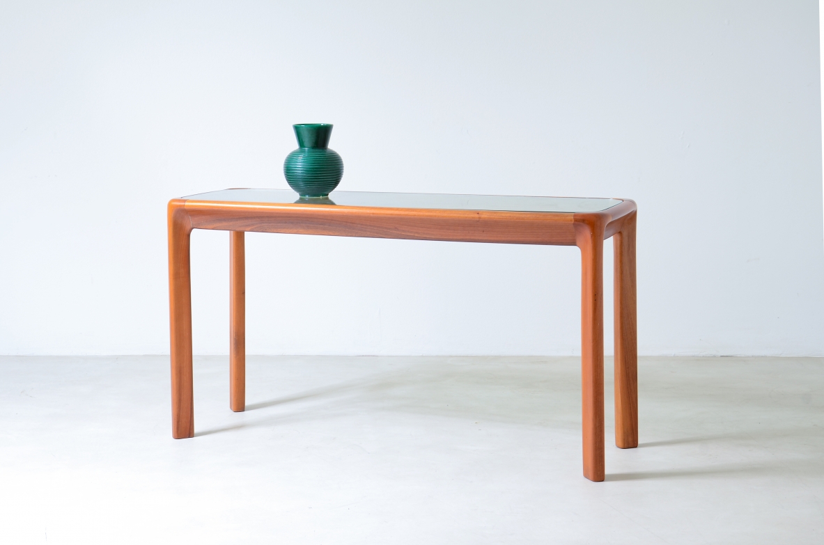 Angelo Mangiarotti Console table with wooden structure and thick cut glass top Italy, 1975