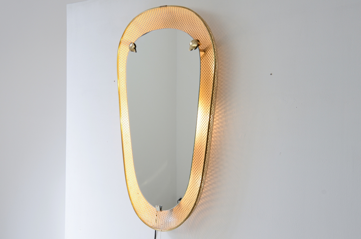 Large and rare heart-shaped backlit mirror in curved metal mesh, Italian manufacture