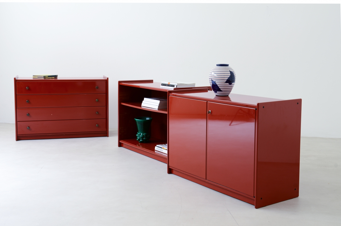 Takahama Storage unit composed of three different modules in lacquered wood. 