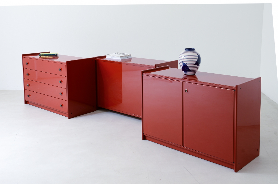Takahama Storage unit composed of three different modules in lacquered wood. 