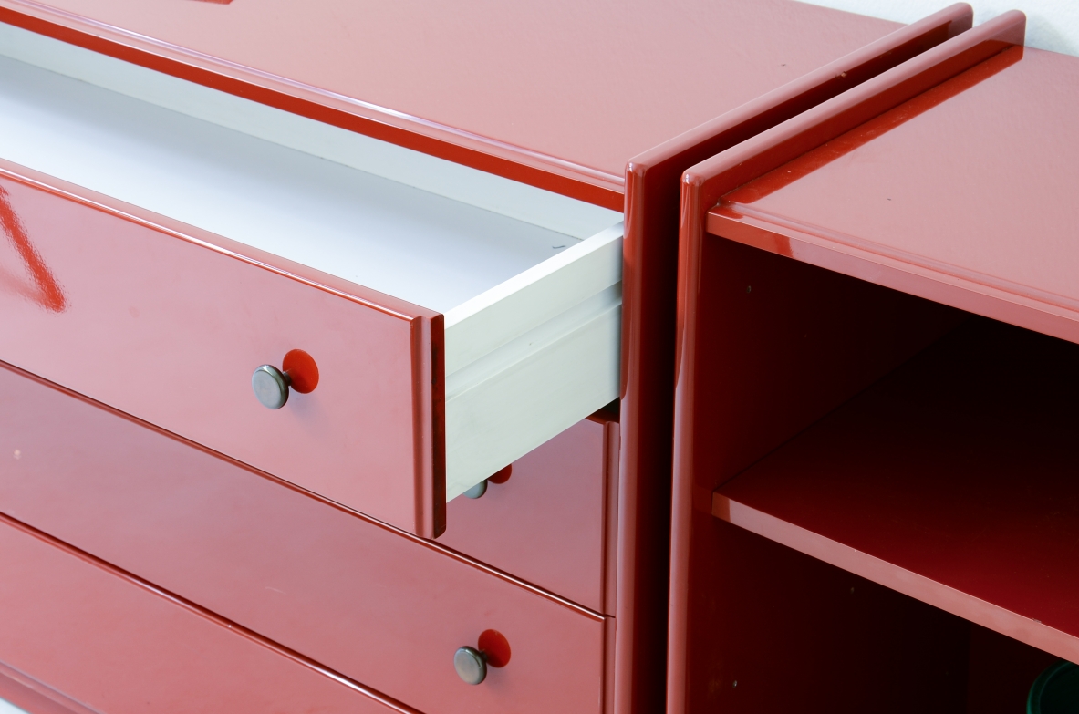 Takahama Storage unit composed of three different modules in lacquered wood. 