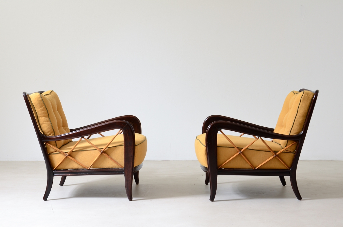Paolo Buffa  Pair of armchairs in stained wood and blond maple 