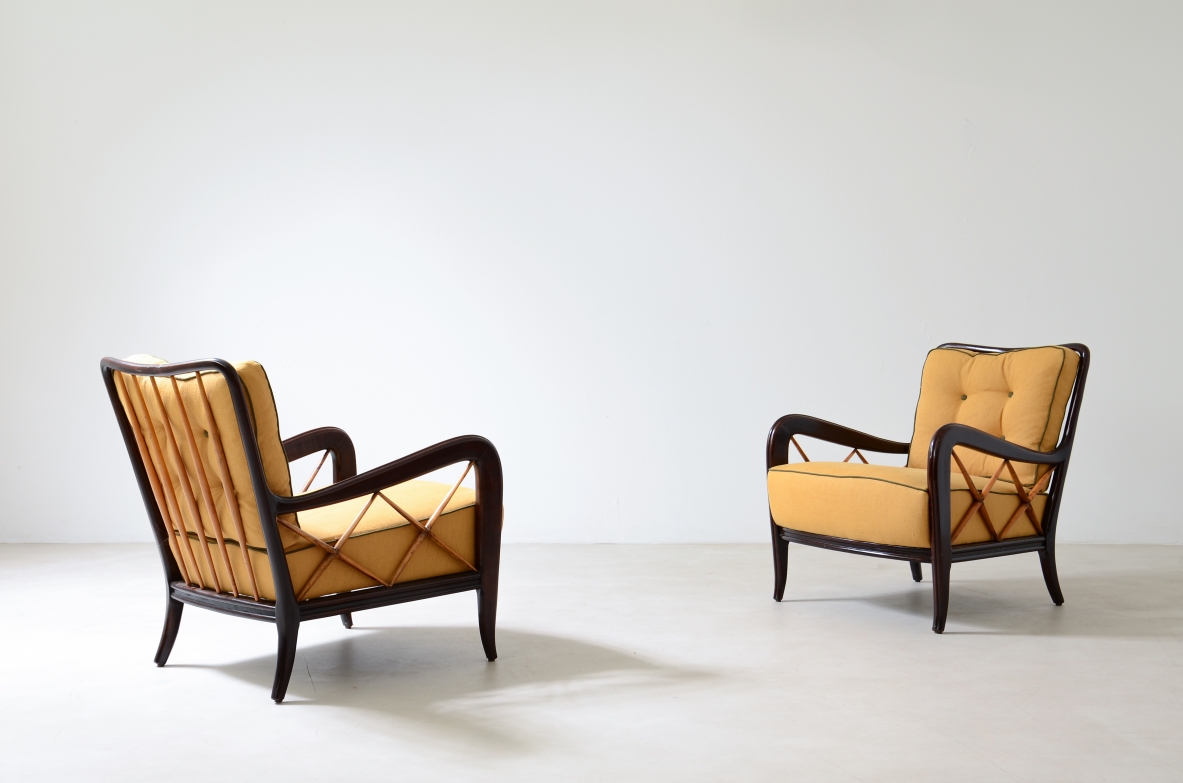 Paolo Buffa  Pair of armchairs in stained wood and blond maple 