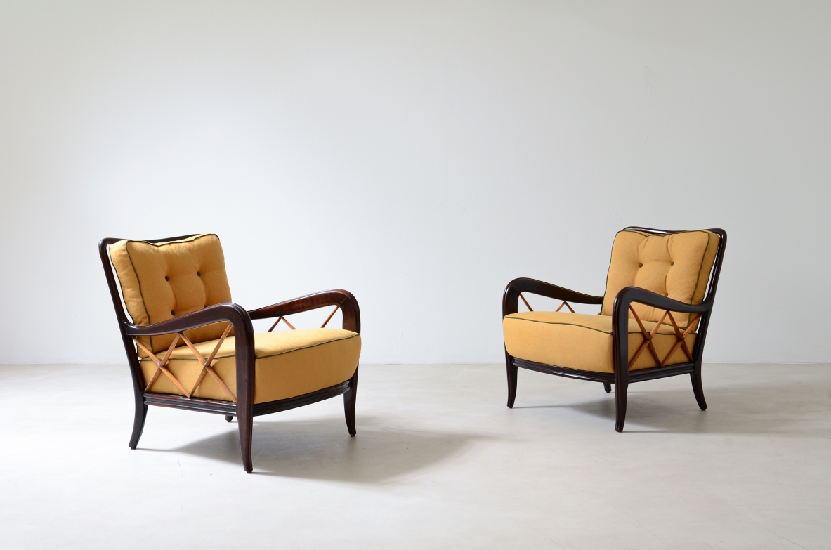 Paolo Buffa  Pair of armchairs in stained wood and blond maple, italian manufacture 1935