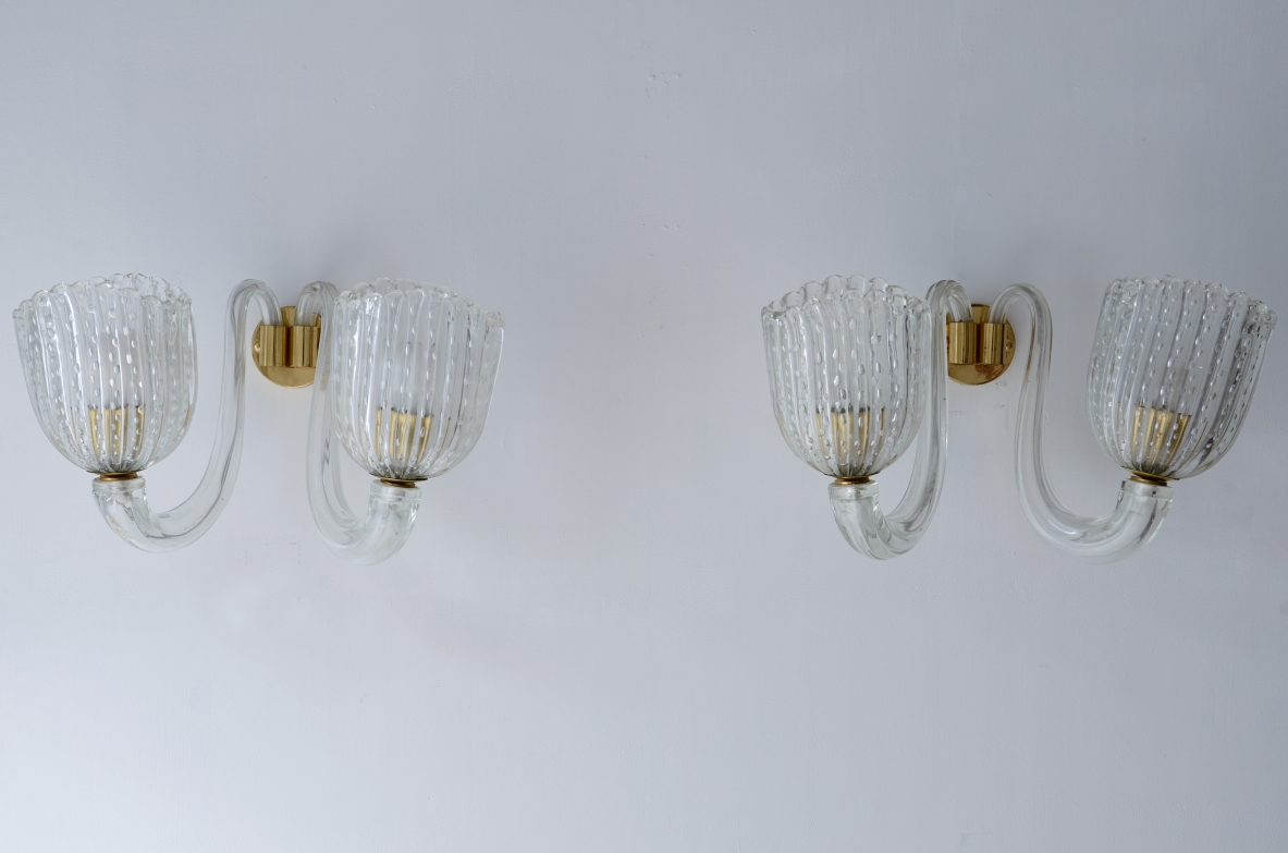 Barovier & Toso  Pair of rare two-armed blown glass.  Murano 1940s manufacture.