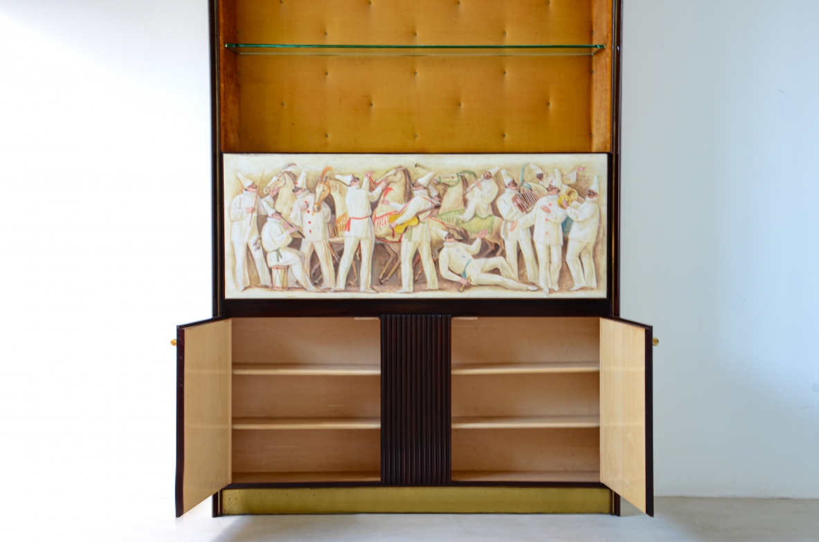 ABV Borsani  Large storage cabinet / bar / bookcase with central door painted on parchment ,two doors in grissinato wood, illuminated bar container