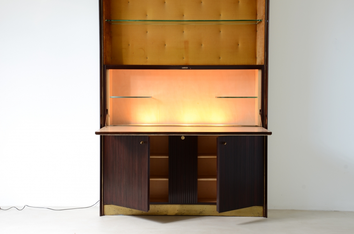 ABV Borsani  Large storage cabinet / bar / bookcase with central door painted on parchment ,two doors in grissinato wood, illuminated bar container