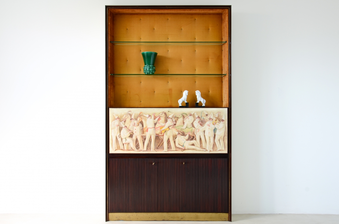 ABV Borsani  Large storage cabinet / bar / bookcase with central door painted on parchment ,two doors in grissinato wood, illuminated bar container