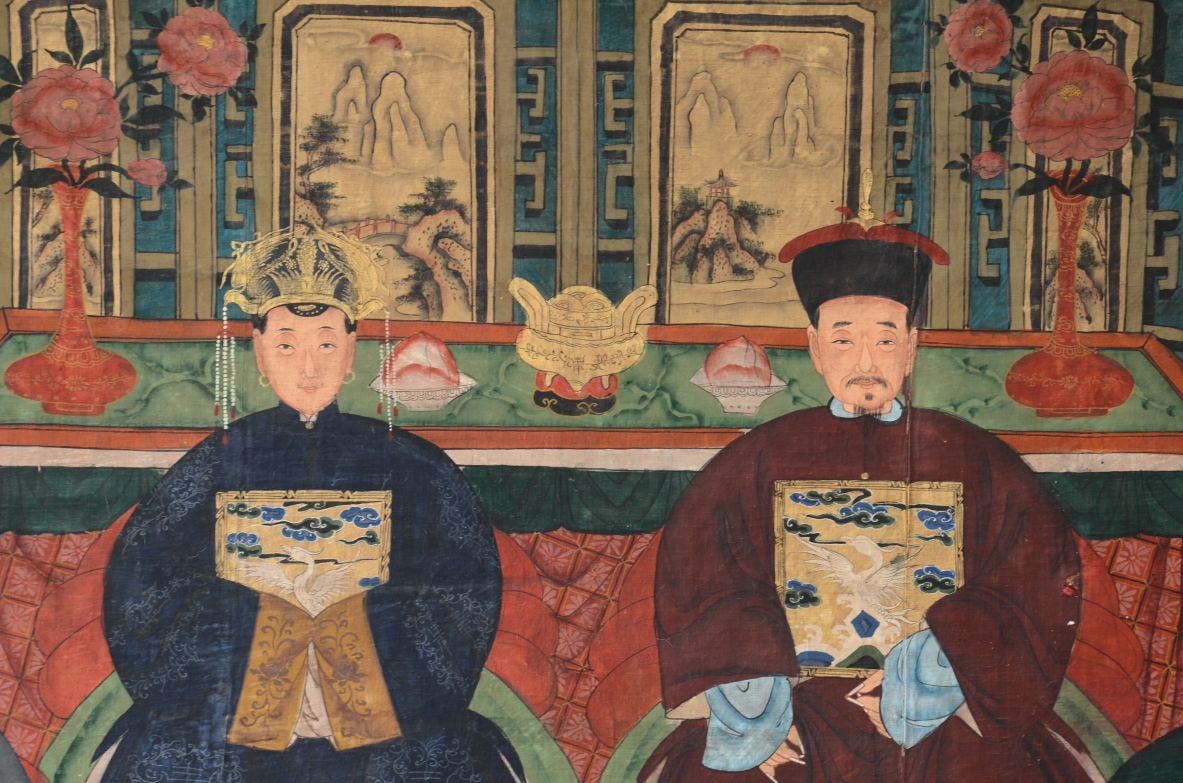 Ritratto di famiglia di dignatari a rappresentanza dell'albero geneologico  Tempera su tela  Cina metà dell' 800
