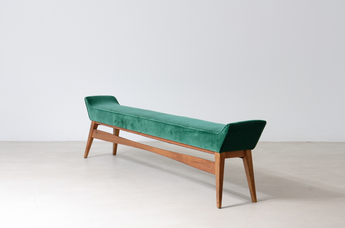 Bench with padded seat upholstered in fabric, Italian manufacture, 1950s.