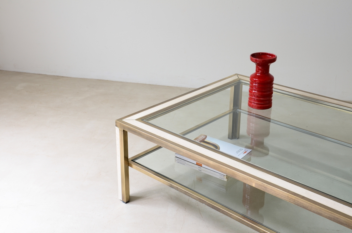 Romeo Rega  Large low brass table with travertine applications 