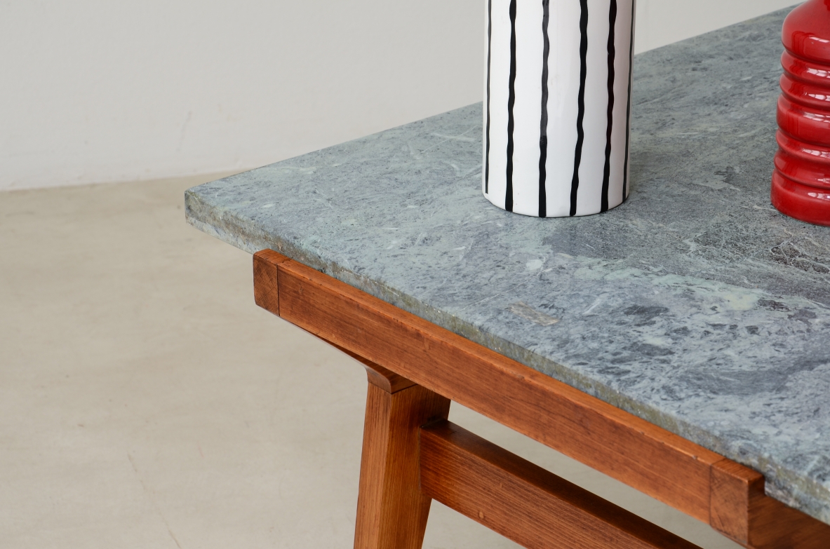 Ico Parisi Shaped wooden living room table with green Alps marble top.