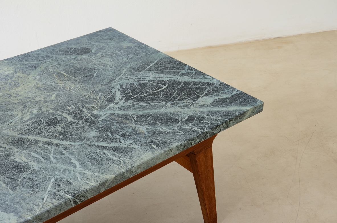 Ico Parisi Shaped wooden living room table with green Alps marble top.