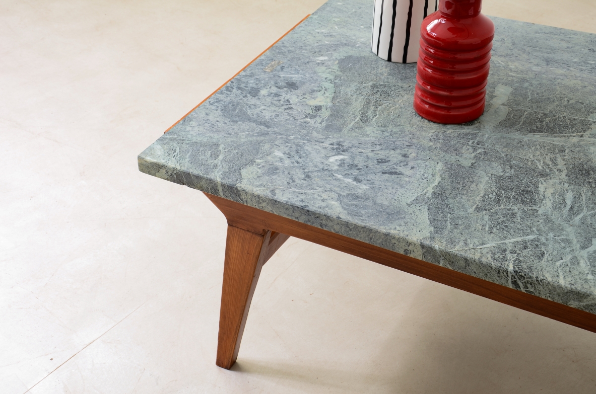 Ico Parisi Shaped wooden living room table with green Alps marble top.