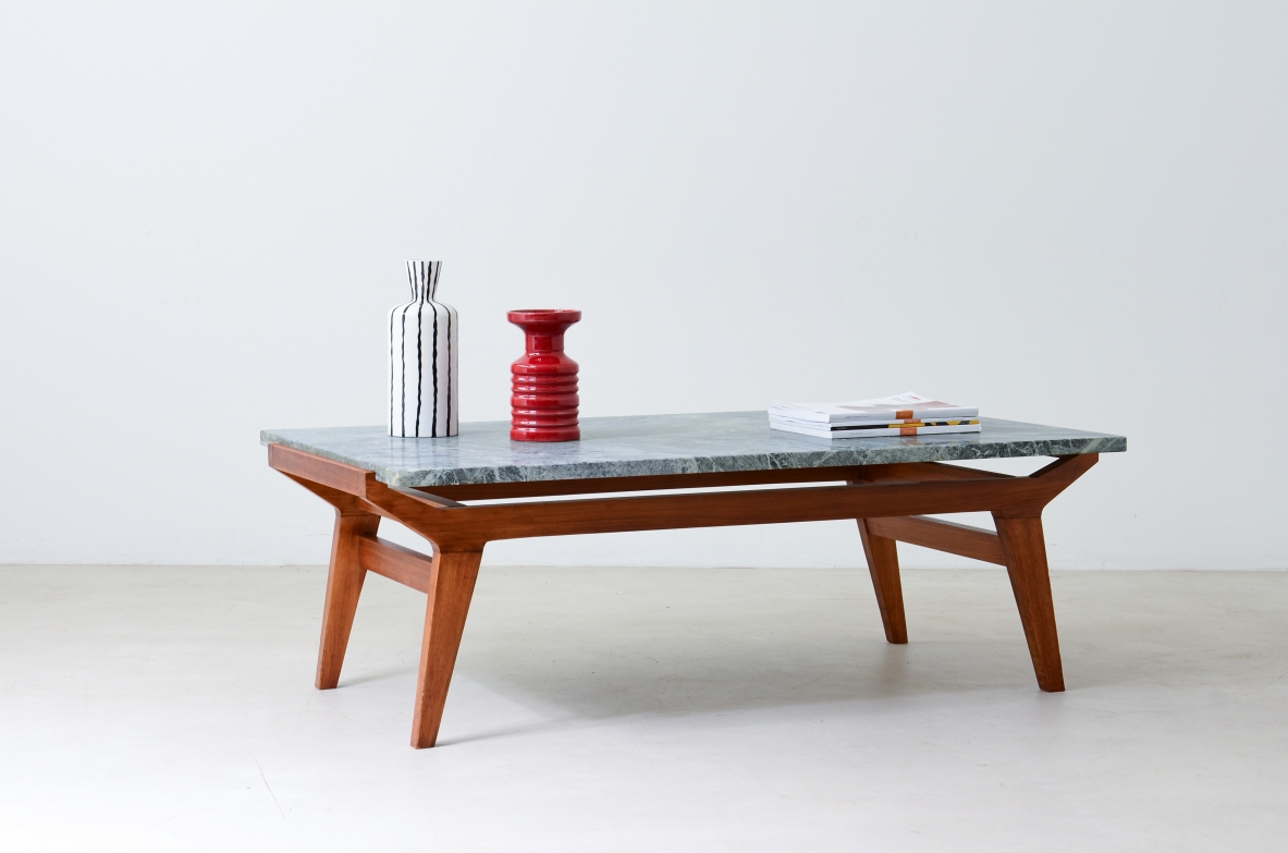 Ico Parisi Shaped wooden living room table with green Alps marble top.