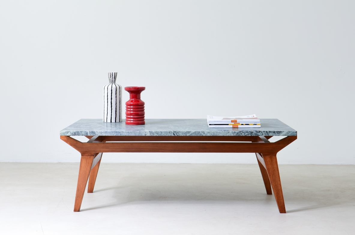 Ico Parisi Shaped wooden living room table with green Alps marble top.